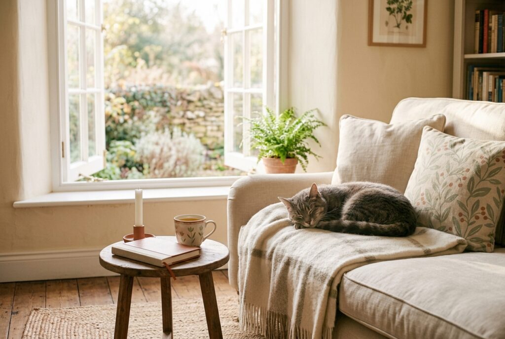 Benessere olistico: gatto che riposa su una coperta accanto a una finestra